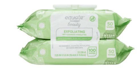 Equate Exfoliating Wet Cleansing Makeup Remover Facial Wipe, Twin Pack, 100 Count